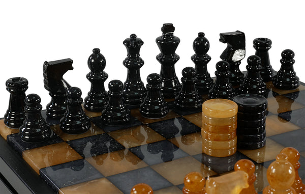 Chess Set - Black & Brown Alabaster Chest