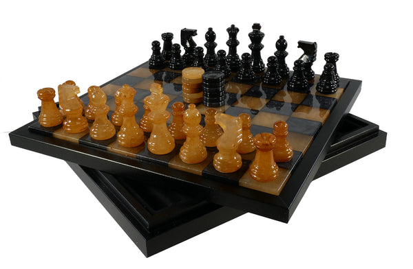 Chess Set - Black & Brown Alabaster Chest
