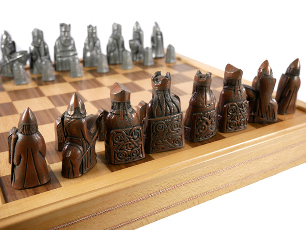 Chess Set - Metal Isle of Lewis Metal Chess Pieces on Inlaid Beechwood Chest
