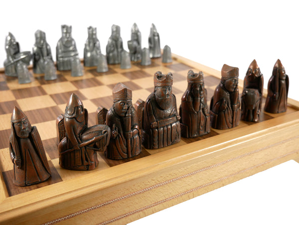 Chess Set - Metal Isle of Lewis Metal Chess Pieces on Inlaid Beechwood Chest