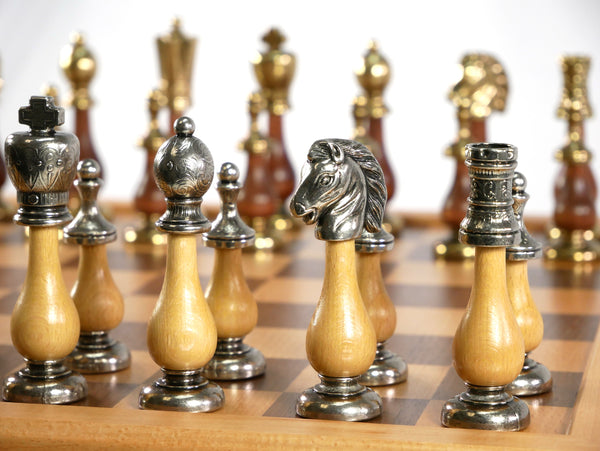 Chess Set - Big Staunton Metal and Wood Maple & Golden Rosewood Chessmen on Inlaid Beechwood Chest