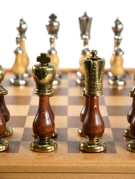 Chess Set - Big Staunton Metal and Wood Maple & Golden Rosewood Chessmen on Inlaid Beechwood Chest