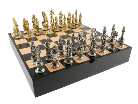 Chess set - Florence Metal Chessmen on Black/Maple veneer Chest