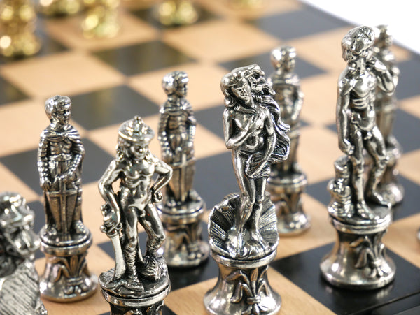 Chess set - Florence Metal Chessmen on Black/Maple veneer Chest