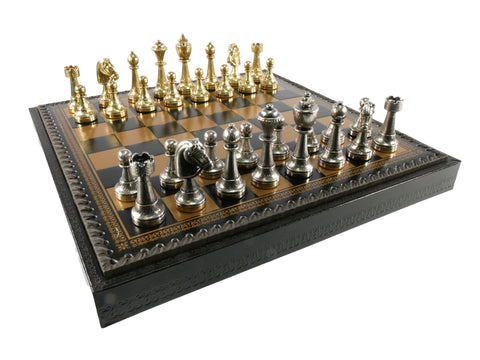 Chess Set - Staunton Metal Chessmen on Faux Leather Chest