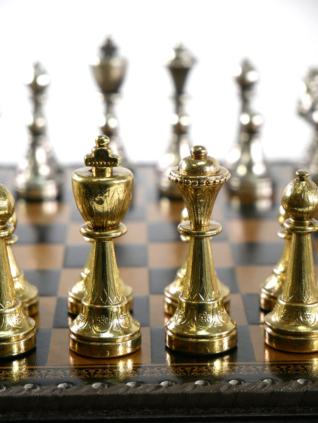 Chess Set - Staunton Metal Chessmen on Faux Leather Chest