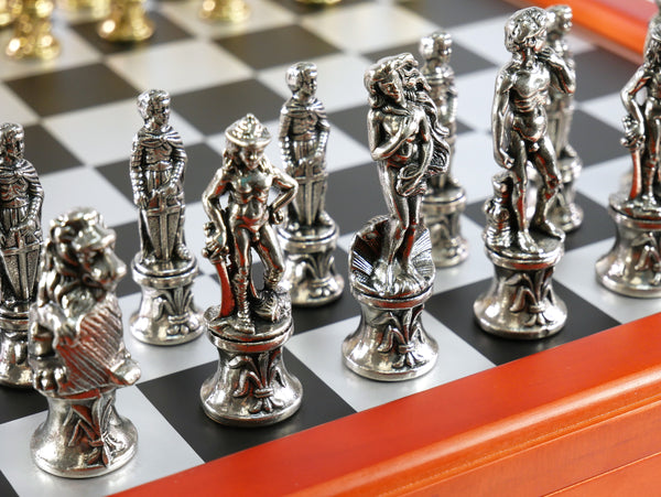 Chess Set - Florence Metal Chessmen on Cherry Stained Chest