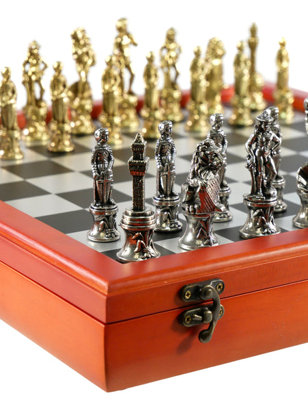 Chess Set - Florence Metal Chessmen on Cherry Stained Chest