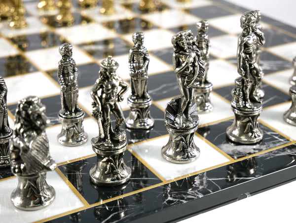 Chess Set - Florence Metal Chessmen on  Black Decoupage Chess Board