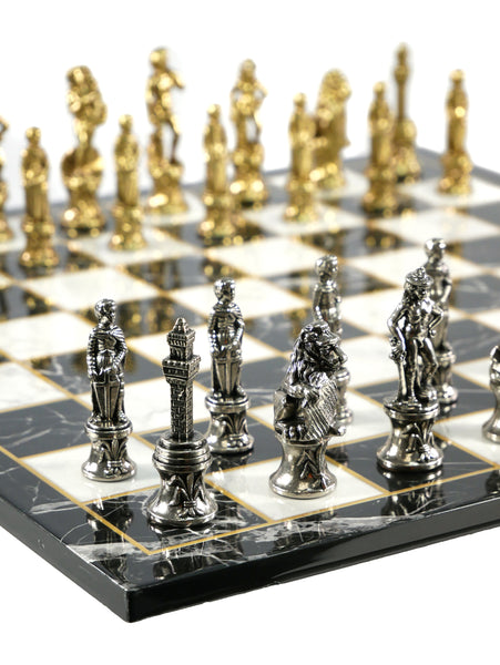 Chess Set - Florence Metal Chessmen on  Black Decoupage Chess Board