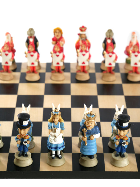Chess Set - Alice in Wonderland Chessmen on Black/Maple Board