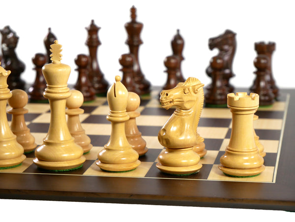 Chess Set - Anjanwood/Natural Boxwood Exclusive Chessmen on Walnut/Sycamore Barcelona Chess Board