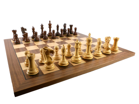 Chess Set - Anjanwood/Natural Boxwood Exclusive Chessmen on Walnut & Maple Veneer