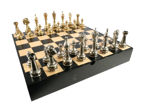 Chess Set - Large Metal Staunton Men on Black/Maple Chest