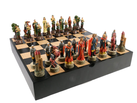 Chess Set -Robin Hood Resin Chessmen on Black/Maple Chest