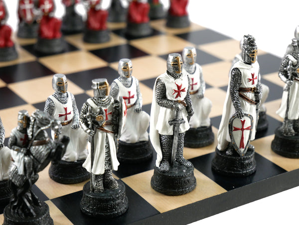 Chess Set - Crusades Resin Chessmen on Black/Maple Maple Chess Board