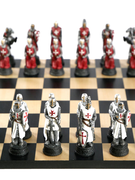 Chess Set - Crusades Resin Chessmen on Black/Maple Maple Chess Board