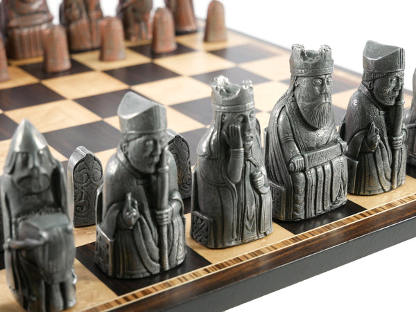 Chess Set- Metal Isle of Lewis Pieces on Ebony & Birdseye Maple Chess Board