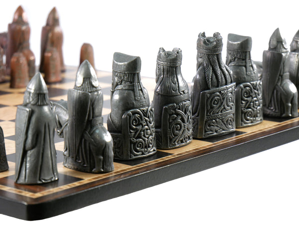 Chess Set- Metal Isle of Lewis Pieces on Ebony & Birdseye Maple Chess Board