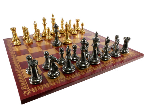 Chess Set - Solid Brass Double Queens Chessmen on Burgundy & Gold Faux Leather Chess Board