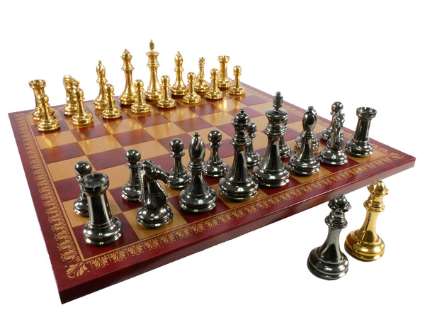 Chess Set - Solid Brass Double Queens Chessmen on Burgundy & Gold Faux Leather Chess Board