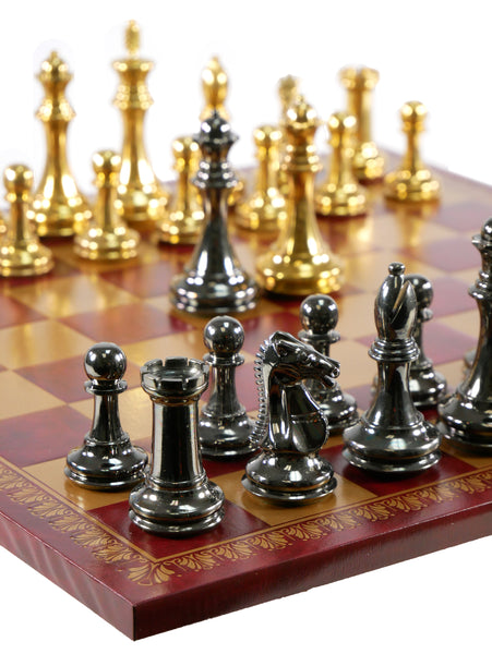 Chess Set - Solid Brass Double Queens Chessmen on Burgundy & Gold Faux Leather Chess Board