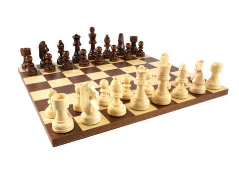 Brown and Natural Boxwood German Knight Chess Pieces on Dark Rosewood/Maple Basic Board