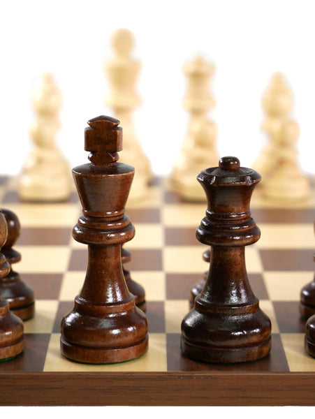 Brown and Natural Boxwood German Knight Chess Pieces on Dark Rosewood/Maple Basic Board