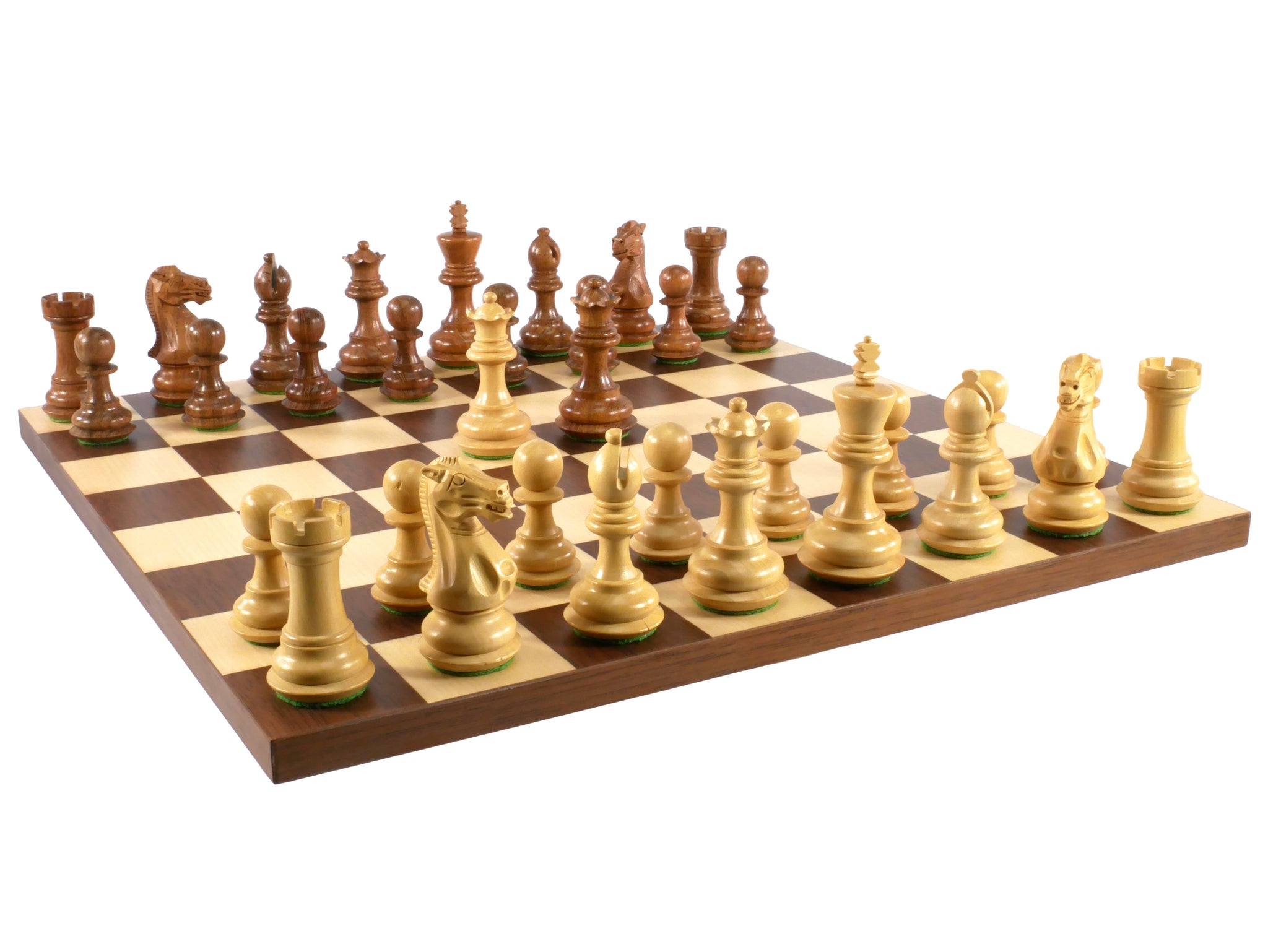 Chess Set- 3" Chamfered Base Kikkerwood pieces Double Queens on Dark Rosewood/Maple Basic Board