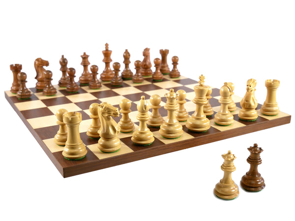 Chess Set- 3" Chamfered Base Kikkerwood pieces Double Queens on Dark Rosewood/Maple Basic Board