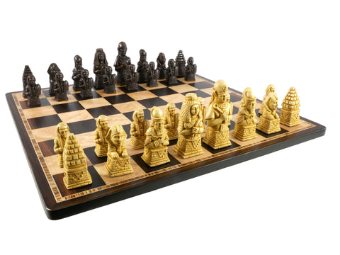 Egyptian Natural Stained Resin Chess Pieces on Ebony & Birdseye Maple Chess Board