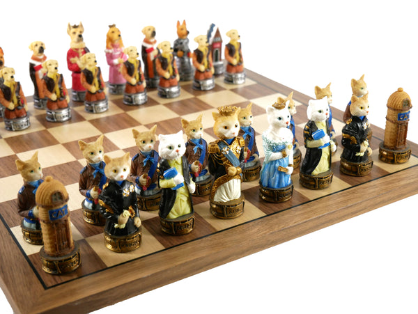 Chess Set - Cats & Dogs Resin Men on Walnut Maple Board