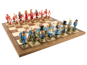 Chess Set - Alice in Wonderland Chessmen on Walnut/Maple Board