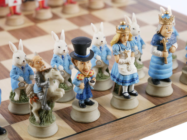 Chess Set - Alice in Wonderland Chessmen on Walnut/Maple Board