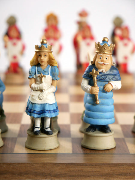 Chess Set - Alice in Wonderland Chessmen on Walnut/Maple Board