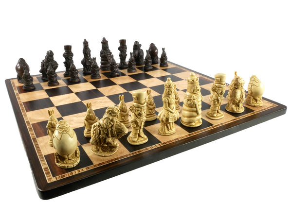 Chess Set - Resin - Alice in Wonderland Chess Pieces on Ebony & Birdseye Maple Chess Board