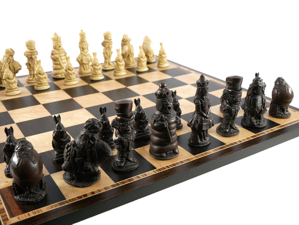 Chess Set - Resin - Alice in Wonderland Chess Pieces on Ebony & Birdseye Maple Chess Board