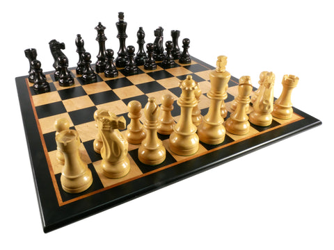 Chess Set - 6" Black & Boxwood Classic Jumbo Wood Triple Weighted Chessmen on Black & Birdseye Maple Chess Board