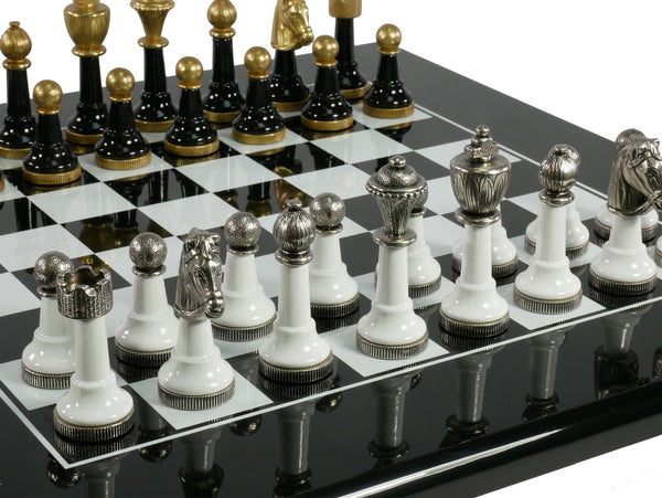 Chess Set - Black & White Wood Laquered and Metal Set