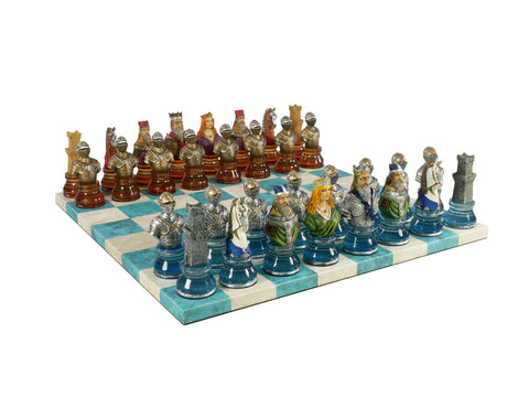 Chess Set - Painted Resin Camelot Acrylic Busts Pieces on Turquoise & Cream Faux Leatherette Chess Board