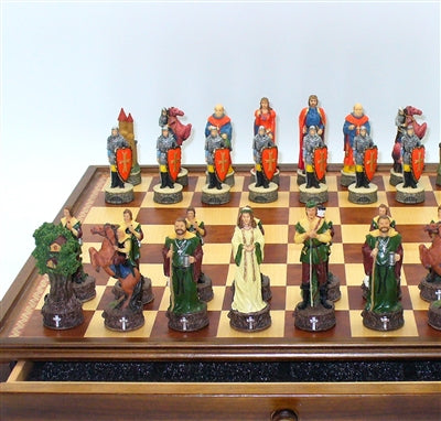 Chess Set - Robin Hood Resin Chessmen on Walnut/Maple Chest