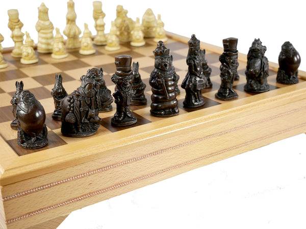 Chess Set - Resin Alice in Wonderland on Beechwood Chest