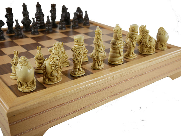 Chess Set - Resin Alice in Wonderland on Beechwood Chest