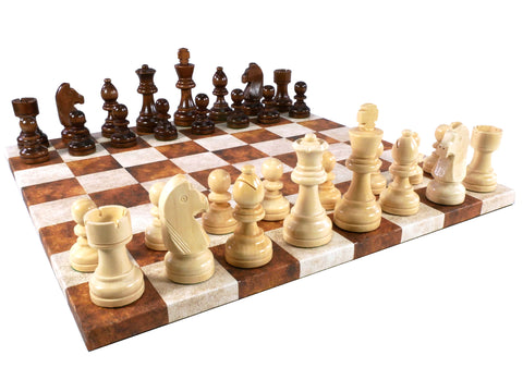 Chess set - 3.5” Brown stained and Natural Boxwood Chess pieces on Caramel and Cream Leatherette Board