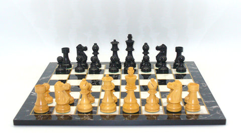 Chess Set - Black French Chess Pieces on Marbleized Black/White Board