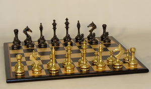 Chess Set - Brass Slim Chessmen on Black Birdseye Maple Board