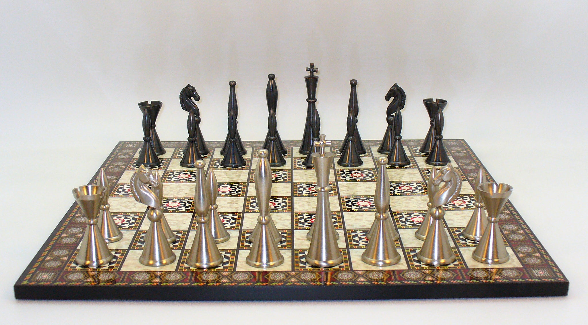 Chess Set - Solid Brass Art Deco Chessmen on Mosaic Decoupage Chess Board