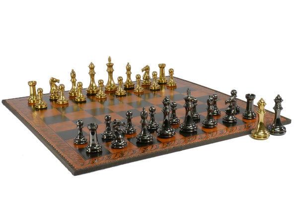 Chess Set - Solid Brass Staunton Pieces on 23" Brown & Black Faux Leather Board