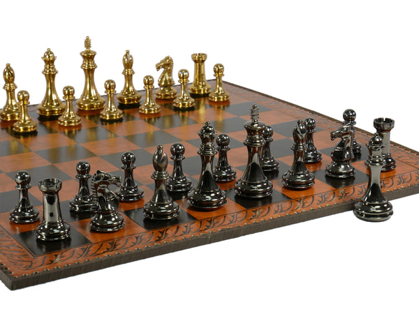 Chess Set - Solid Brass Staunton Pieces on 23" Brown & Black Faux Leather Board