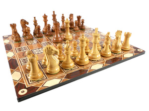 Chess Set - Acacia/Boxwood Majestic Knight Men on Marrakesh Decoupage Board